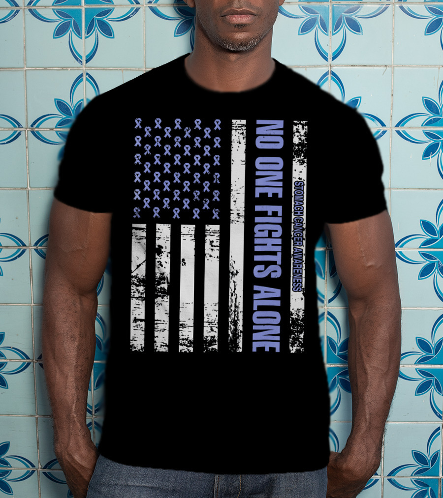 No One Fights Alone Stomach Cancer Awareness Flag With Ribbons T-Shirt
