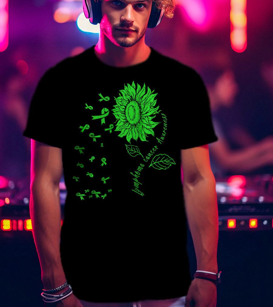 Lymphoma Cancer Awareness Sunflower Lime Green Ribbons T-Shirt