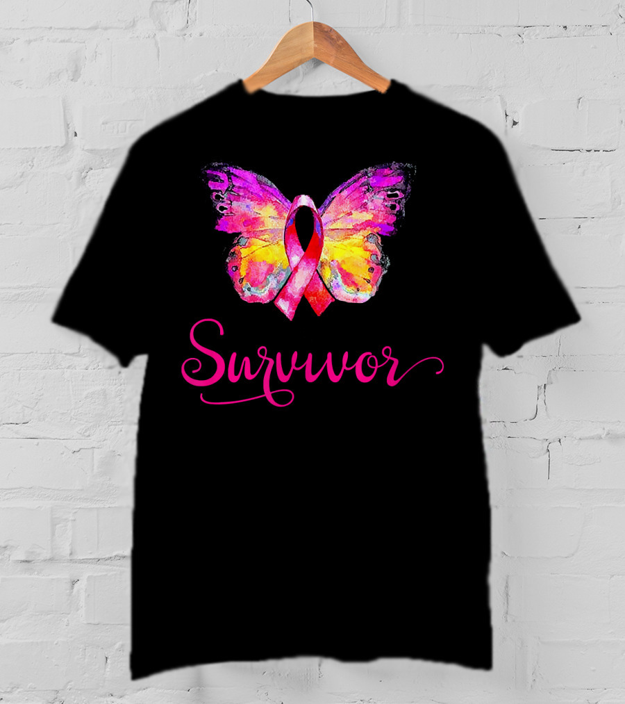 Survivor Butterfly Pink Ribbon Breast Cancer Awareness T-Shirt