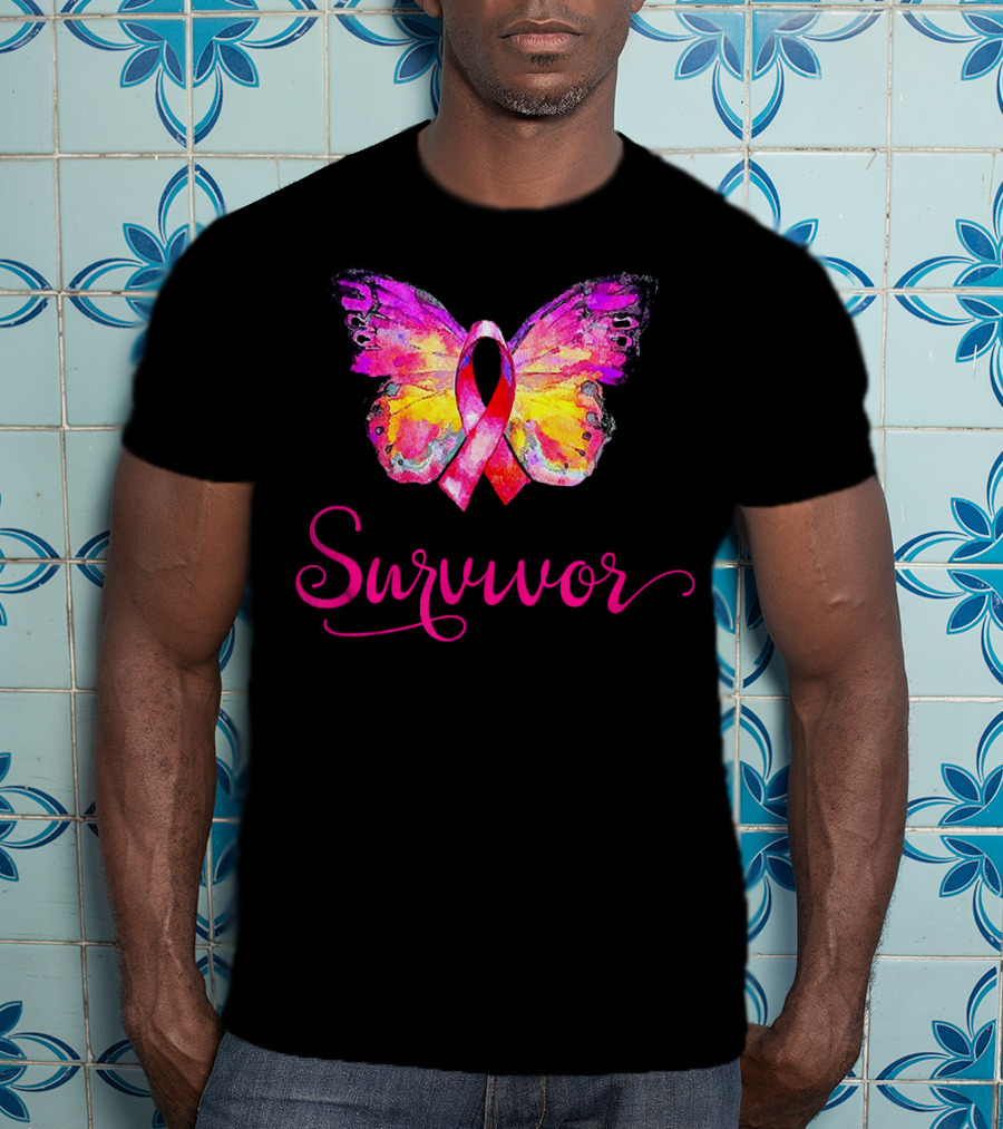 Survivor Butterfly Pink Ribbon Breast Cancer Awareness T-Shirt