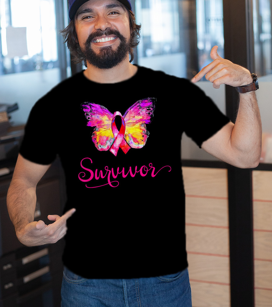 Survivor Butterfly Pink Ribbon Breast Cancer Awareness T-Shirt