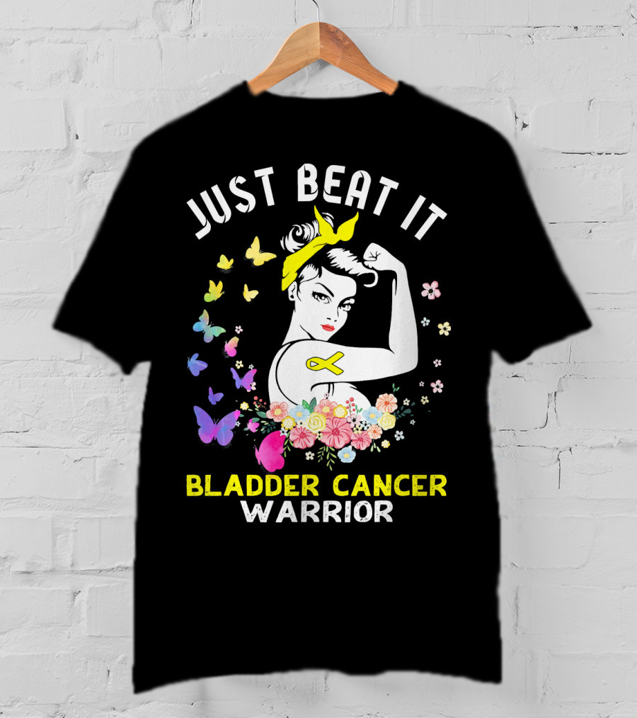 Just Beat It Bladder Cancer Warrior Butterfly Ribbon Floral Fighter T-Shirt