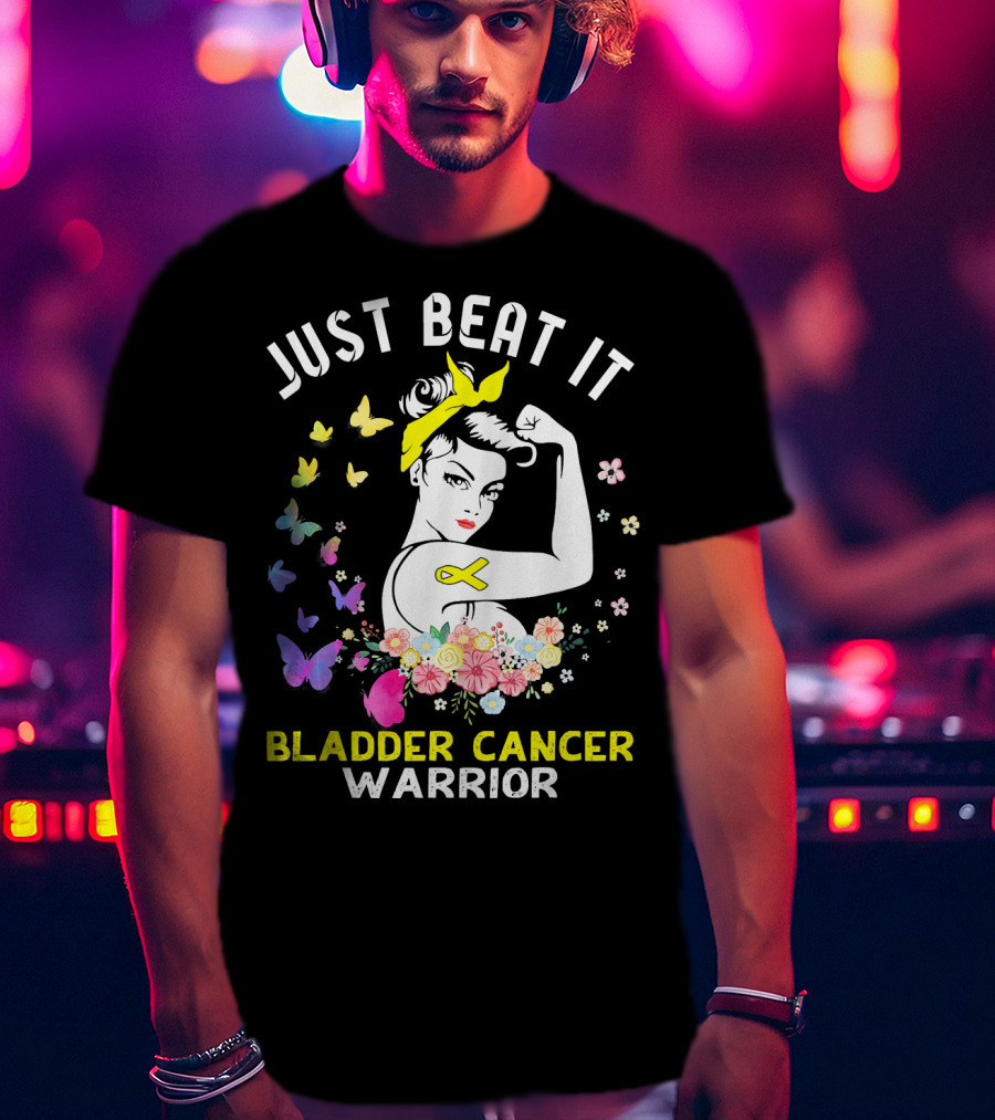 Just Beat It Bladder Cancer Warrior Butterfly Ribbon Floral Fighter T-Shirt