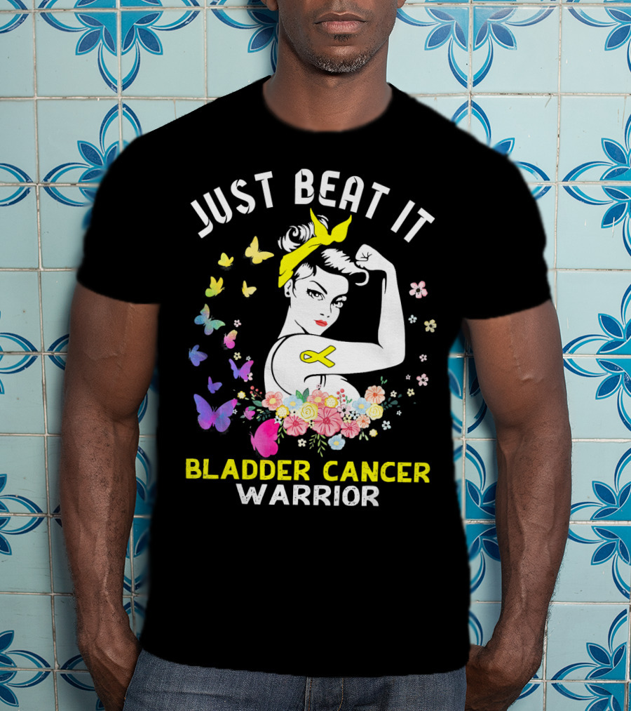 Just Beat It Bladder Cancer Warrior Butterfly Ribbon Floral Fighter T-Shirt