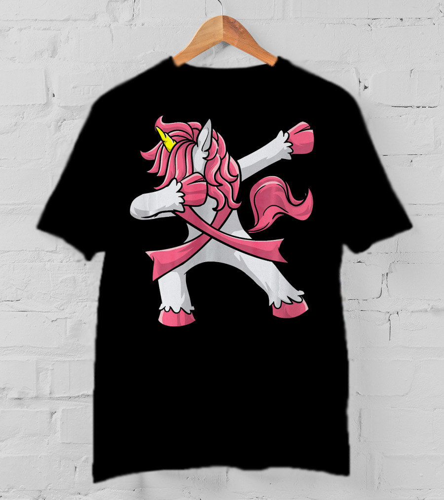 Pink Ribbon Dabbing Unicorn Breast Cancer Awareness T-Shirt