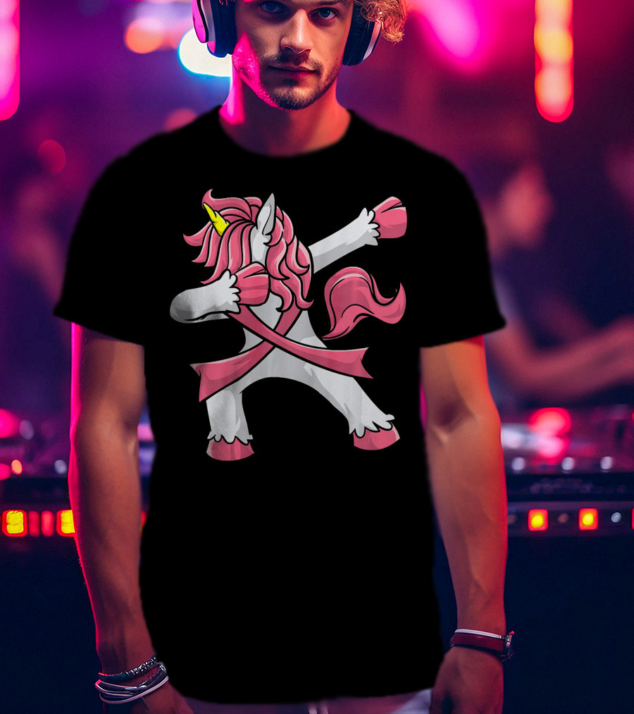 Pink Ribbon Dabbing Unicorn Breast Cancer Awareness T-Shirt