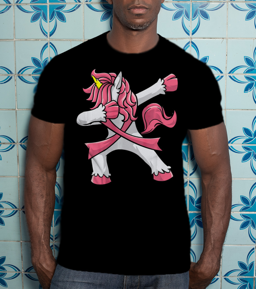 Pink Ribbon Dabbing Unicorn Breast Cancer Awareness T-Shirt