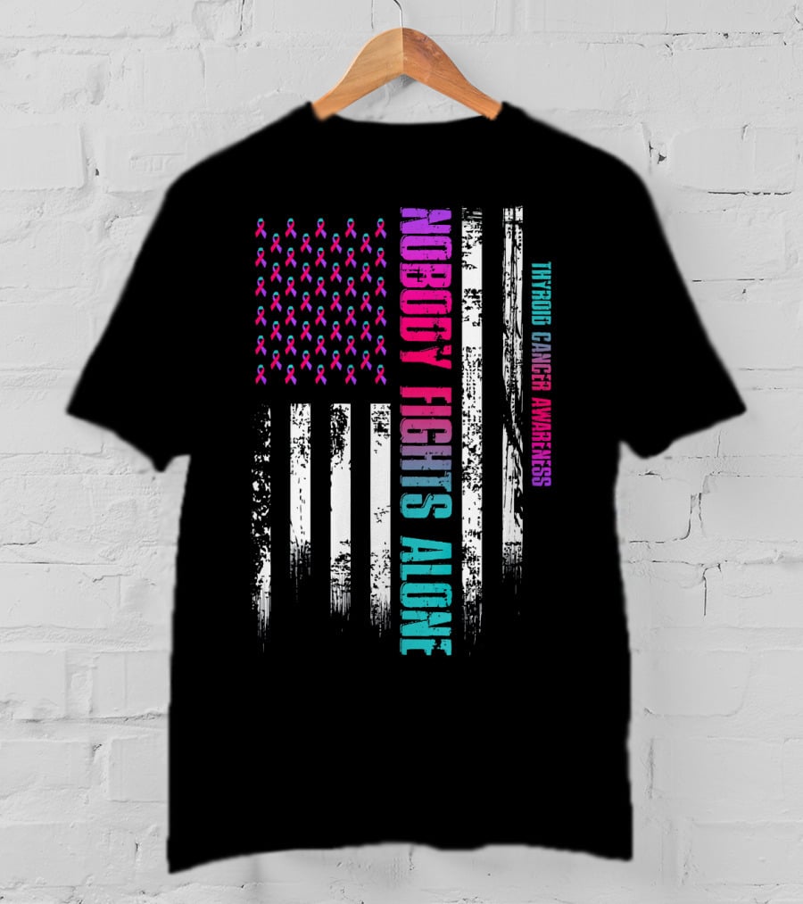 Nobody Fights Alone USA Flag Thyroid Cancer Awareness T-Shirt