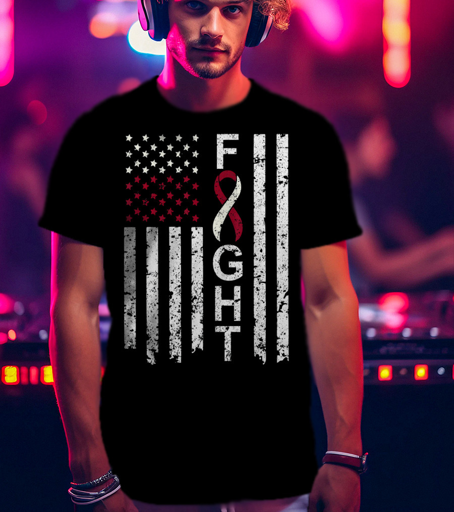 Head And Neck Cancer Awareness Fight Ribbon American Flag T-Shirt