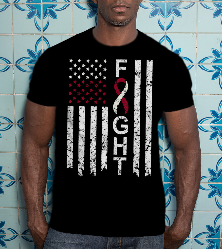 Head And Neck Cancer Awareness Fight Ribbon American Flag T-Shirt