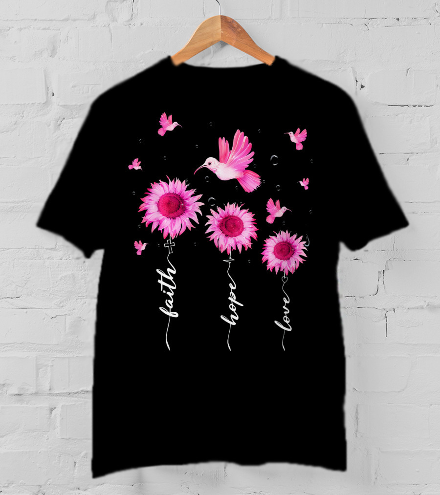 Hummingbird Daisy Faith Hope Love Pink Ribbon Breast Cancer Awareness T-Shirt