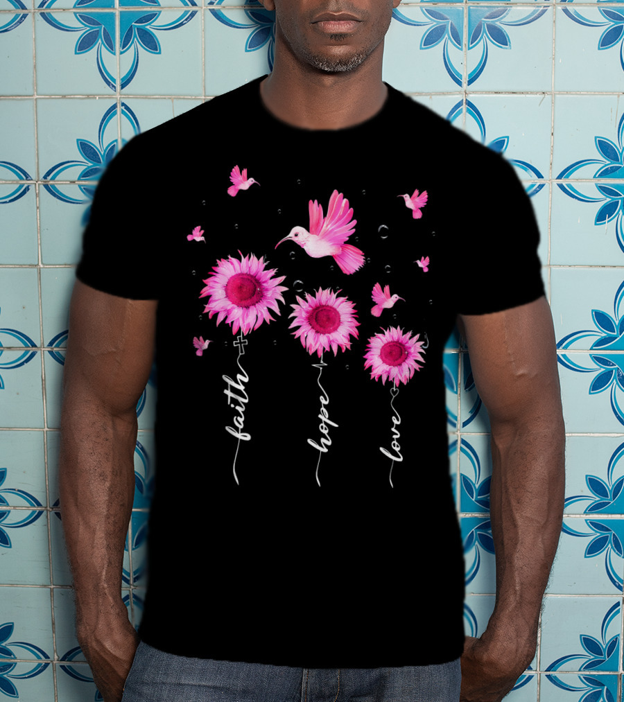 Hummingbird Daisy Faith Hope Love Pink Ribbon Breast Cancer Awareness T-Shirt