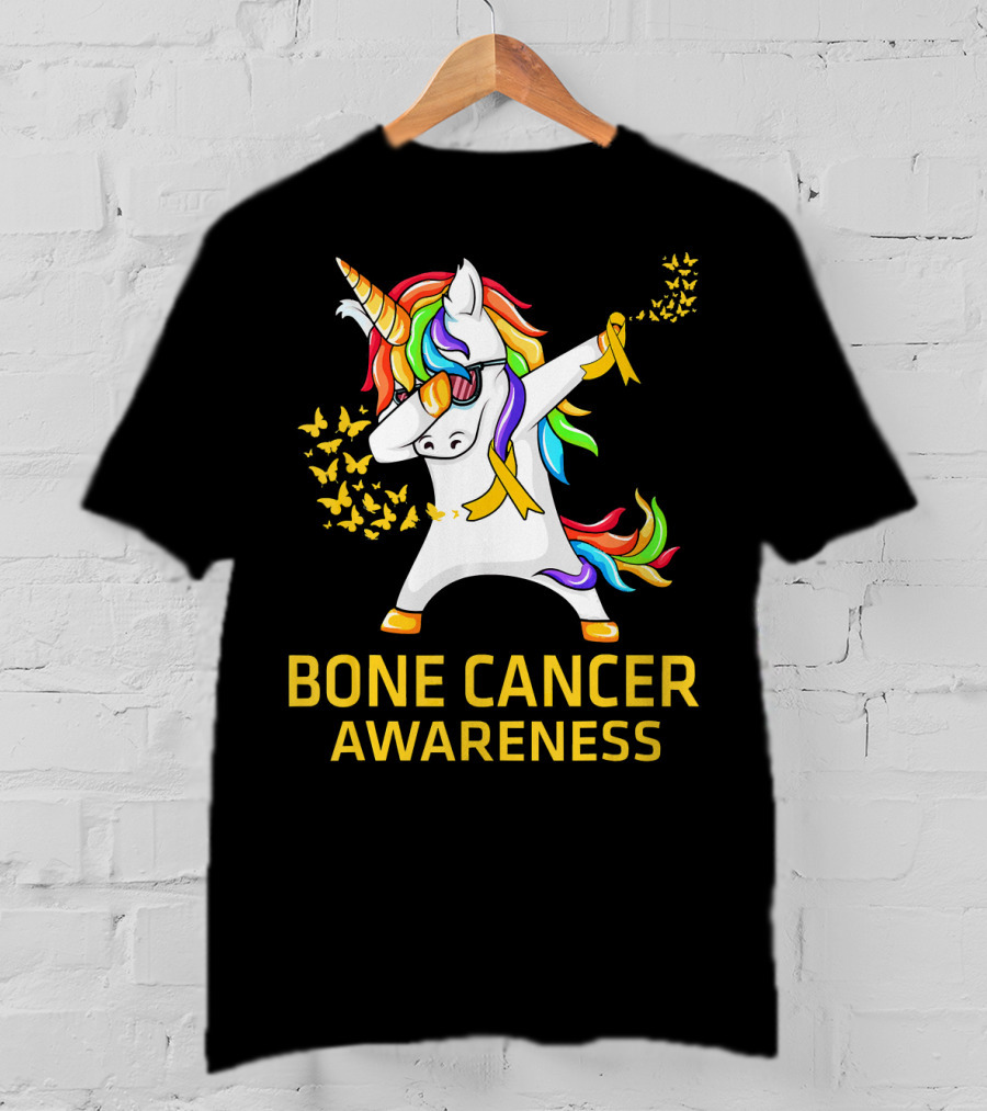 Bone Cancer Awareness Unicorn Dab With Yellow Ribbon Butterflies T-Shirt