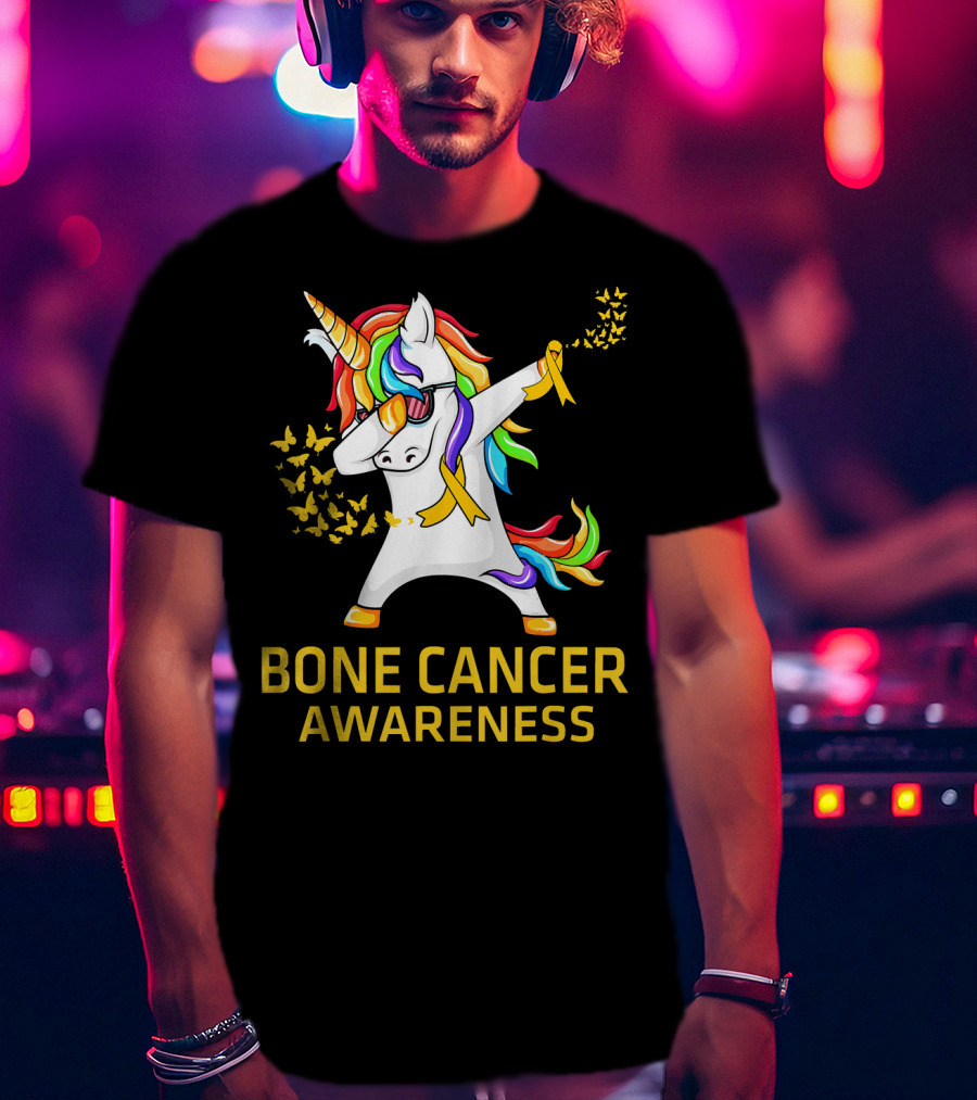 Bone Cancer Awareness Unicorn Dab With Yellow Ribbon Butterflies T-Shirt