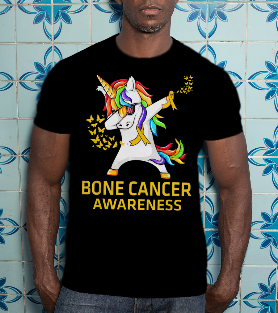 Bone Cancer Awareness Unicorn Dab With Yellow Ribbon Butterflies T-Shirt