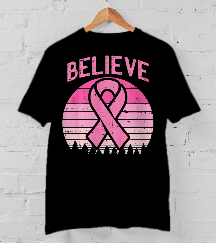 Believe Retro Sunset Pink Ribbon Breast Cancer Awareness T-Shirt