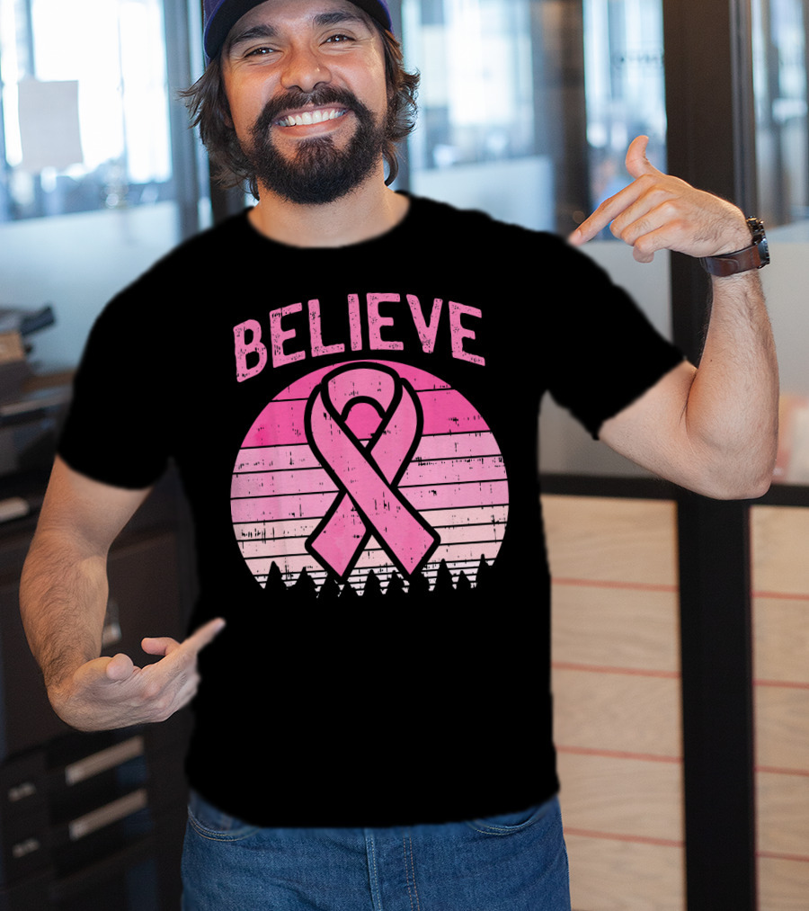 Believe Retro Sunset Pink Ribbon Breast Cancer Awareness T-Shirt