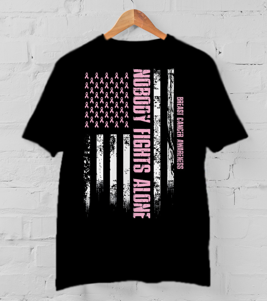 Nobody Fights Alone Breast Cancer Awareness USA Flag T-Shirt