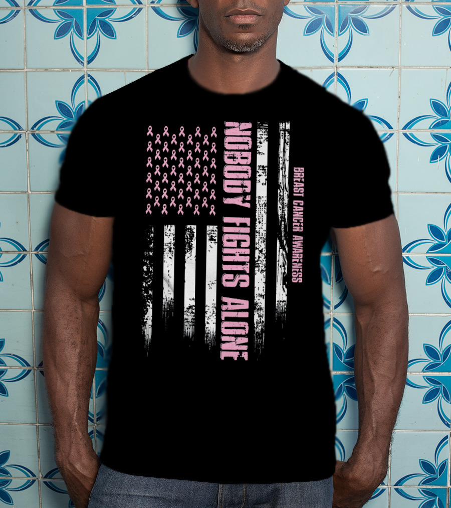Nobody Fights Alone Breast Cancer Awareness USA Flag T-Shirt
