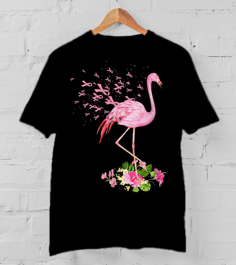 Flamingo With Pink Breast Cancer Ribbons And Floral Accents T-Shirt