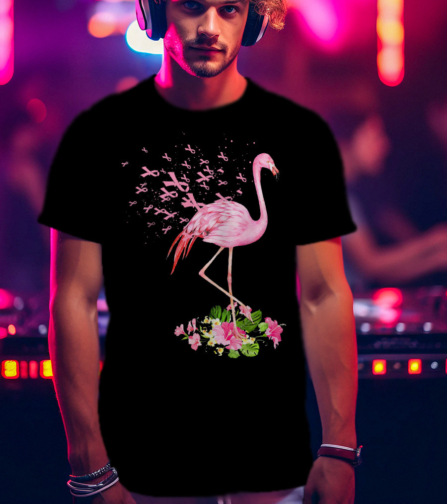 Flamingo With Pink Breast Cancer Ribbons And Floral Accents T-Shirt