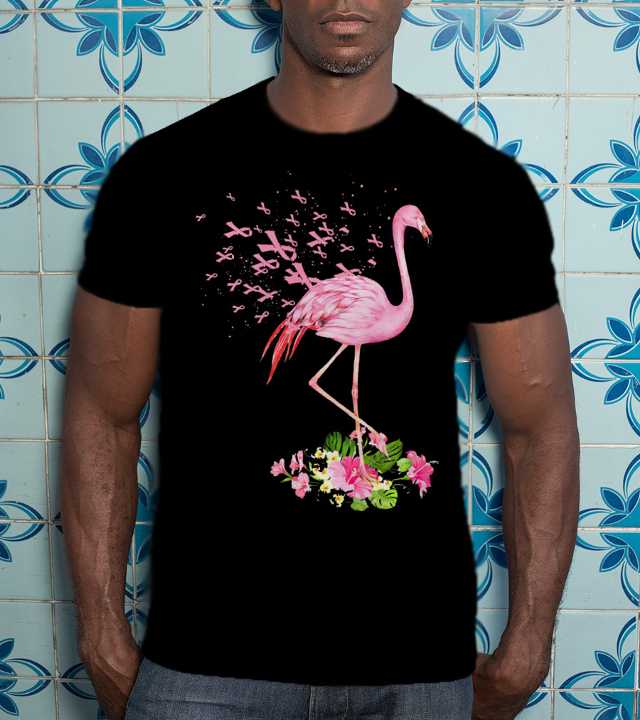 Flamingo With Pink Breast Cancer Ribbons And Floral Accents T-Shirt
