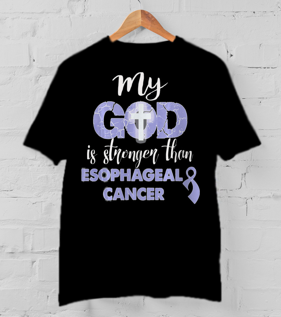 My God Is Stronger Than Esophageal Cancer Purple Ribbon Cross T-Shirt