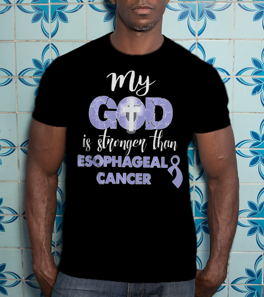 My God Is Stronger Than Esophageal Cancer Purple Ribbon Cross T-Shirt