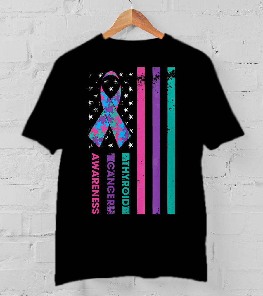 Thyroid Cancer Awareness Puzzle Ribbon Flag Stars Stripes T-Shirt