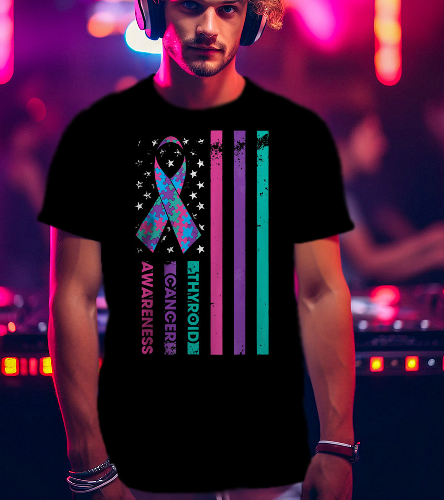 Thyroid Cancer Awareness Puzzle Ribbon Flag Stars Stripes T-Shirt