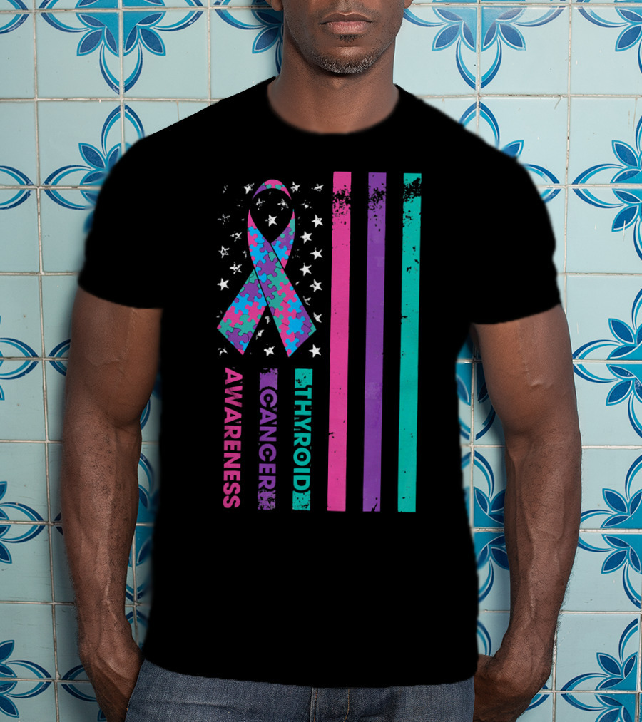 Thyroid Cancer Awareness Puzzle Ribbon Flag Stars Stripes T-Shirt