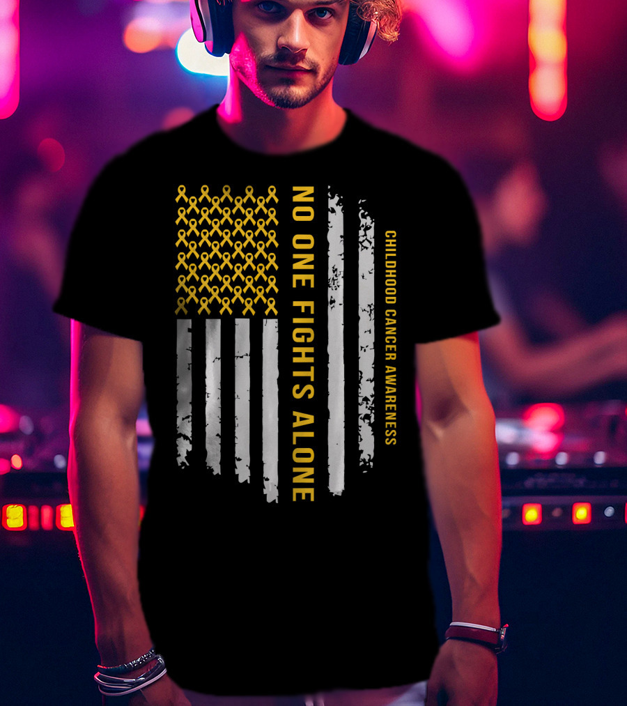 No One Fights Alone Childhood Cancer Awareness American Flag T-Shirt
