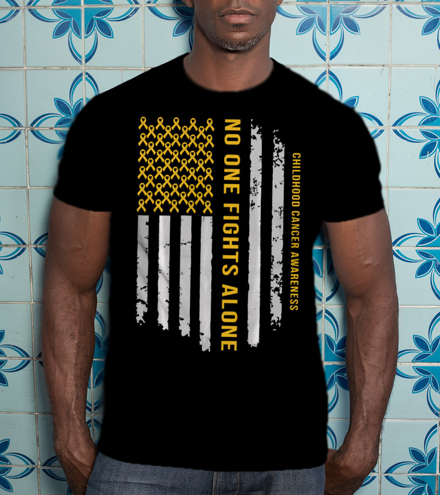 No One Fights Alone Childhood Cancer Awareness American Flag T-Shirt