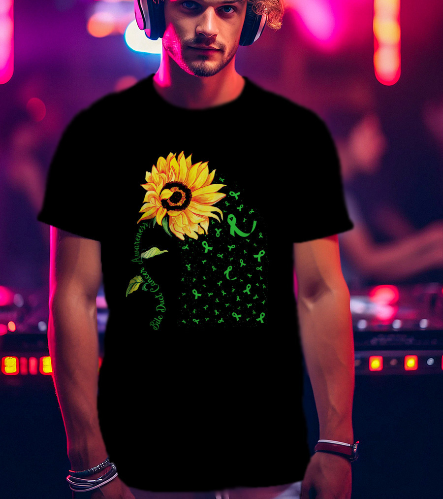 Sunflower Bile Duct Cancer Awareness Ribbon Green T-Shirt