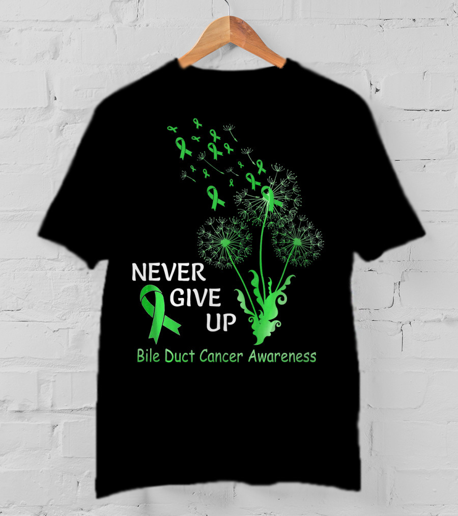 Never Give Up Bile Duct Cancer Awareness Dandelion Green Ribbons T-Shirt