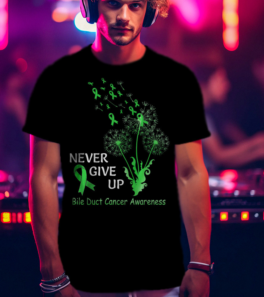 Never Give Up Bile Duct Cancer Awareness Dandelion Green Ribbons T-Shirt