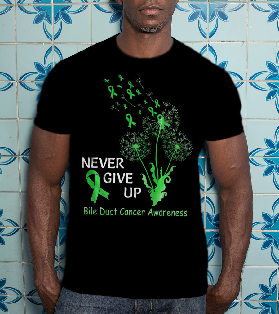 Never Give Up Bile Duct Cancer Awareness Dandelion Green Ribbons T-Shirt