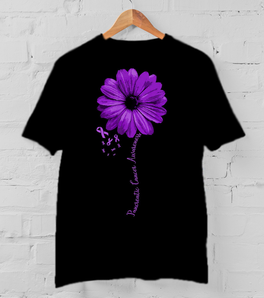 Pancreatic Cancer Awareness Purple Ribbon Purple Flower T-Shirt