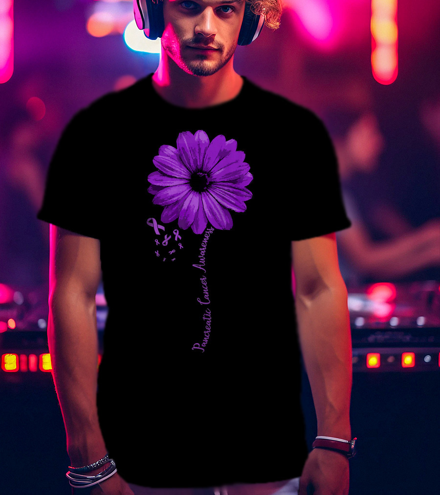 Pancreatic Cancer Awareness Purple Ribbon Purple Flower T-Shirt