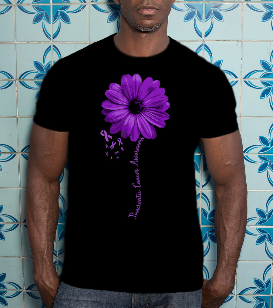 Pancreatic Cancer Awareness Purple Ribbon Purple Flower T-Shirt