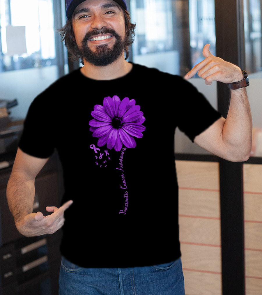 Pancreatic Cancer Awareness Purple Ribbon Purple Flower T-Shirt