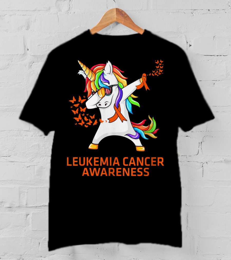 Leukemia Cancer Awareness Unicorn Dabbing With Rainbow Mane And Orange T-Shirt