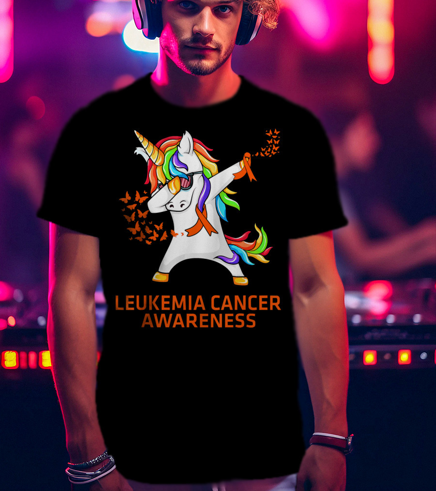 Leukemia Cancer Awareness Unicorn Dabbing With Rainbow Mane And Orange T-Shirt