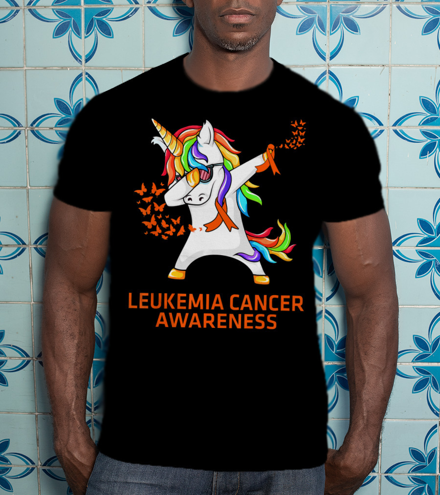 Leukemia Cancer Awareness Unicorn Dabbing With Rainbow Mane And Orange T-Shirt