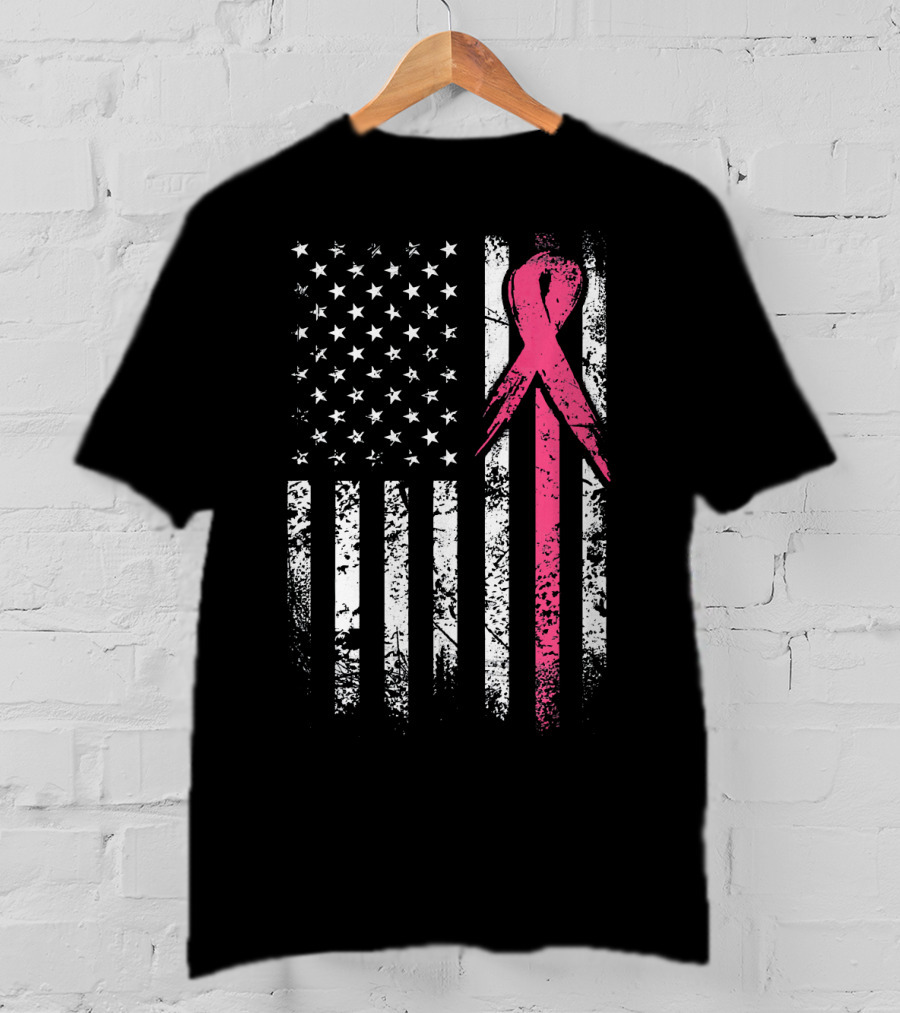 Breast Cancer Awareness American Flag Grunge T-Shirt