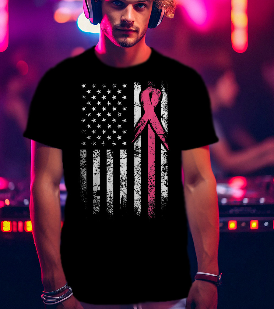 Breast Cancer Awareness American Flag Grunge T-Shirt