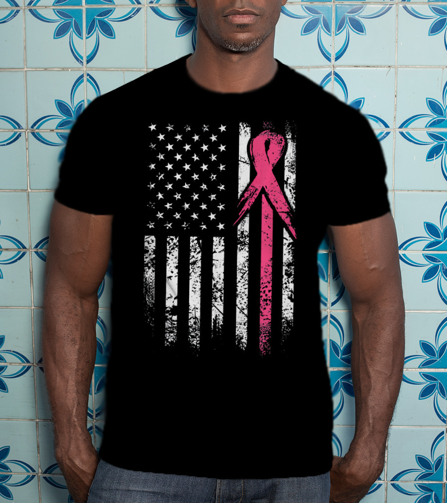 Breast Cancer Awareness American Flag Grunge T-Shirt