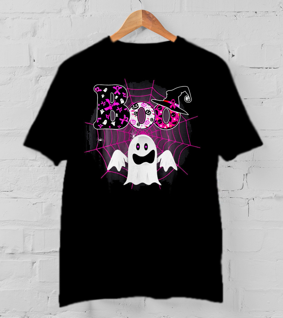 Boo Breast Cancer Awareness Ghost With Witch Hat And Pink Ribbon Web T-Shirt