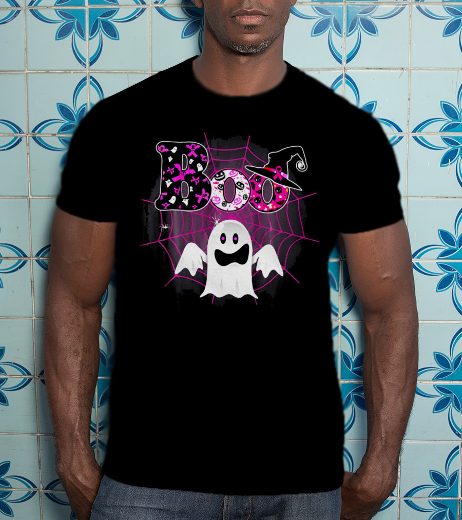 Boo Breast Cancer Awareness Ghost With Witch Hat And Pink Ribbon Web T-Shirt