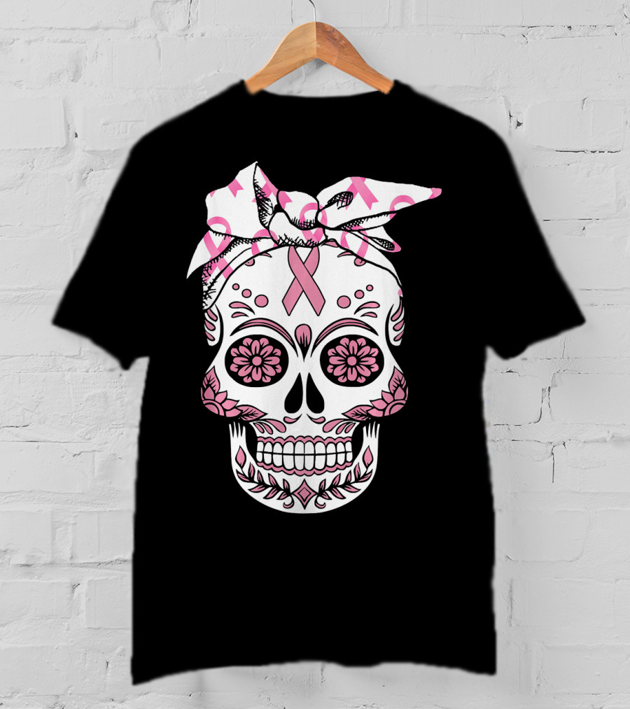 Day Of The Dead Skull With Pink Ribbon For Breast Cancer Awareness T-Shirt